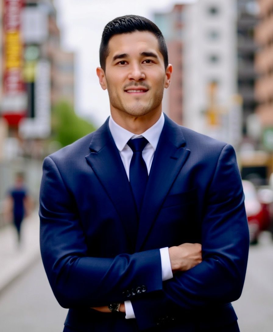 Kevin Jill in a navy suit, arms crossed, on a city street